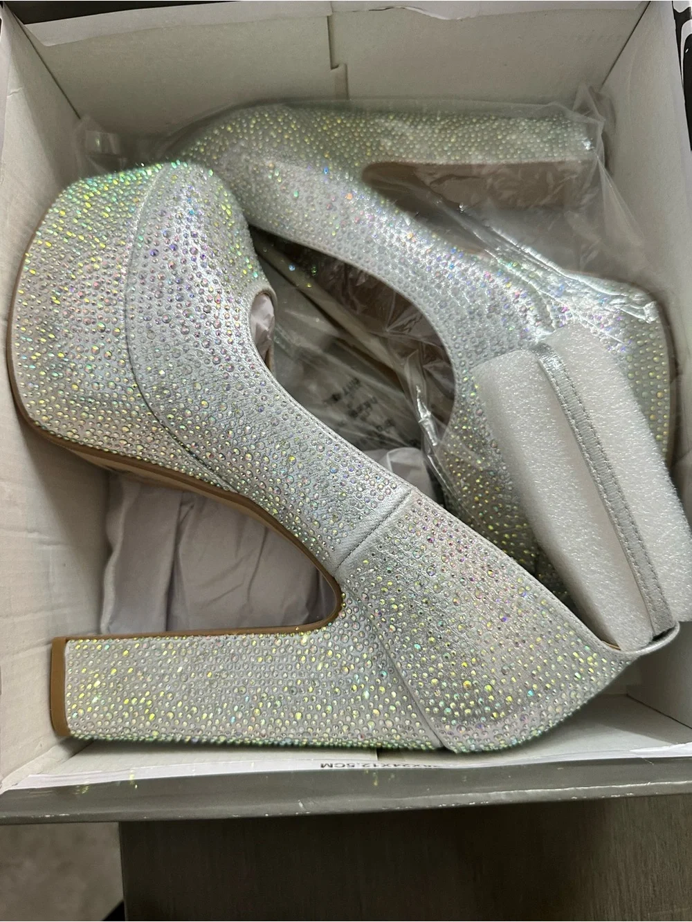Soda Silver Crystal Platform Mary Jane Heels